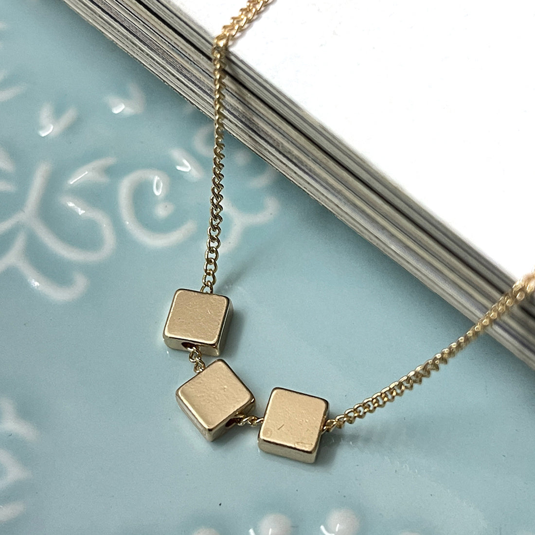 Triple Cubes Mini Pendants Gold-Toned Dainty Necklace