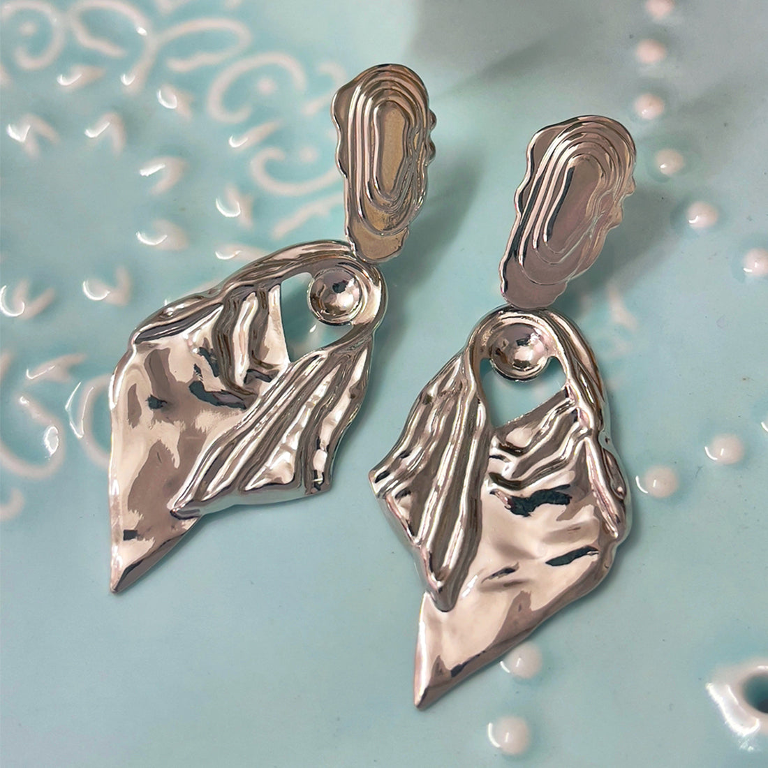 Oversized Hammered Silver-Toned Leaf Drop Earrings