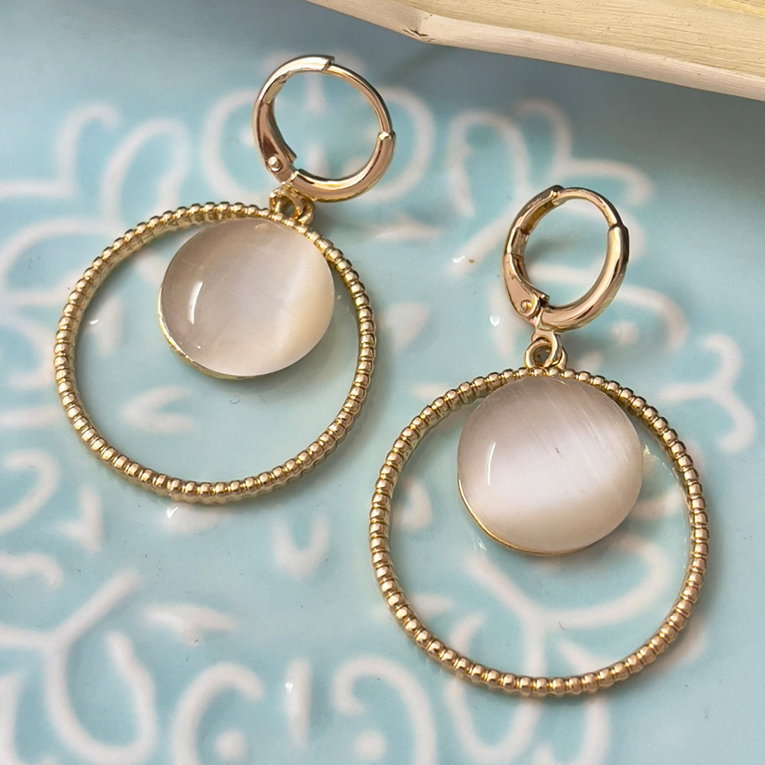 Circular White Moonstone Rose Gold-Toned Hoop Drop Earrings
