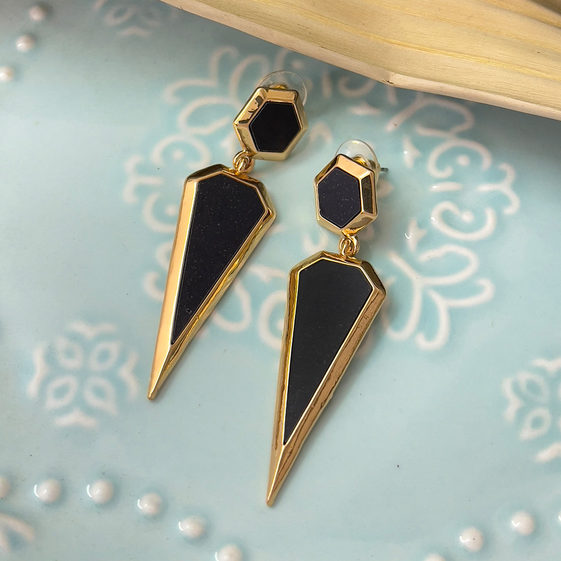 Geometric Black Acrylic Gold-Toned Double Drop Earrings