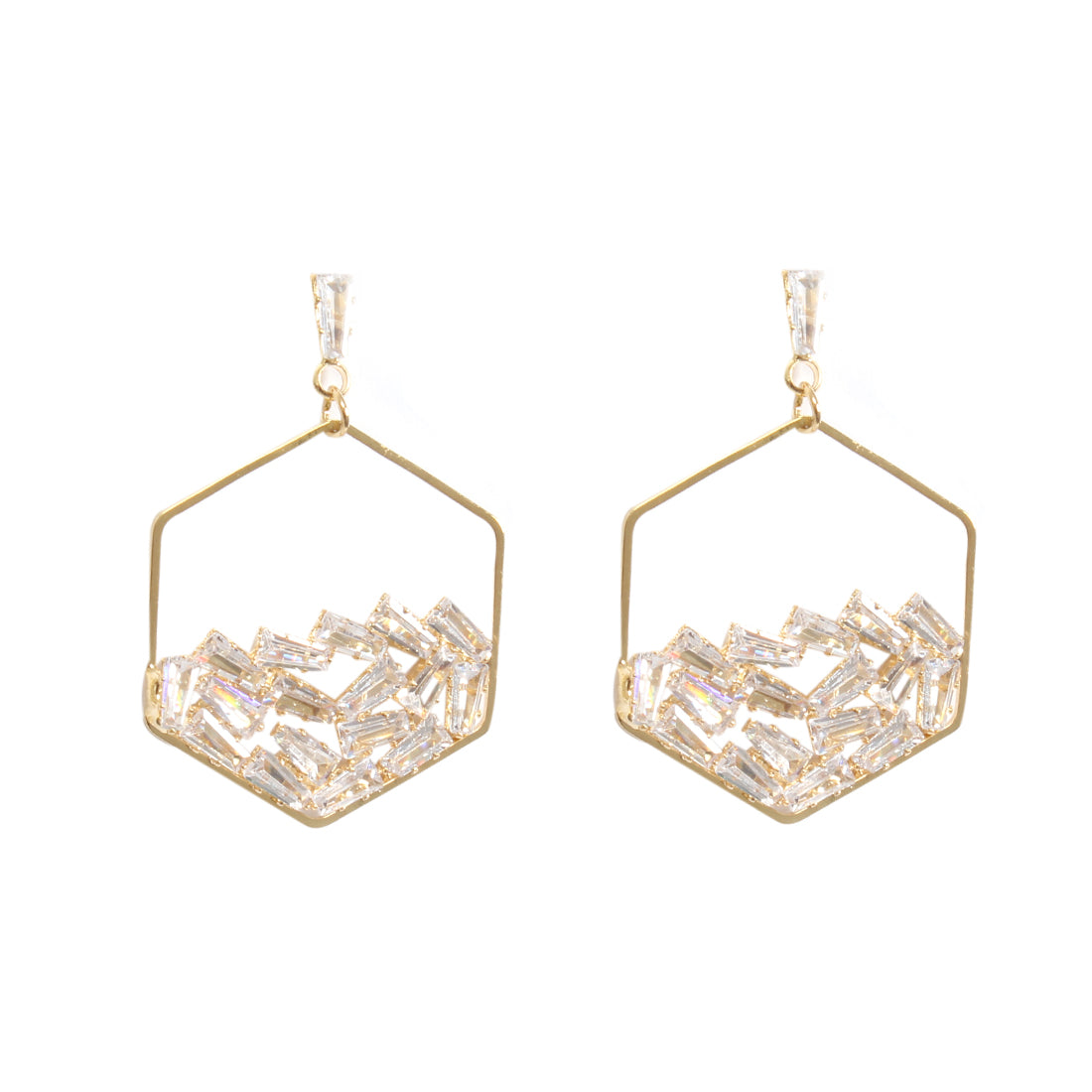 CONTEMPORARY STONE STUDDED GOLD-TONED HEXAGON DROP EARRINGS