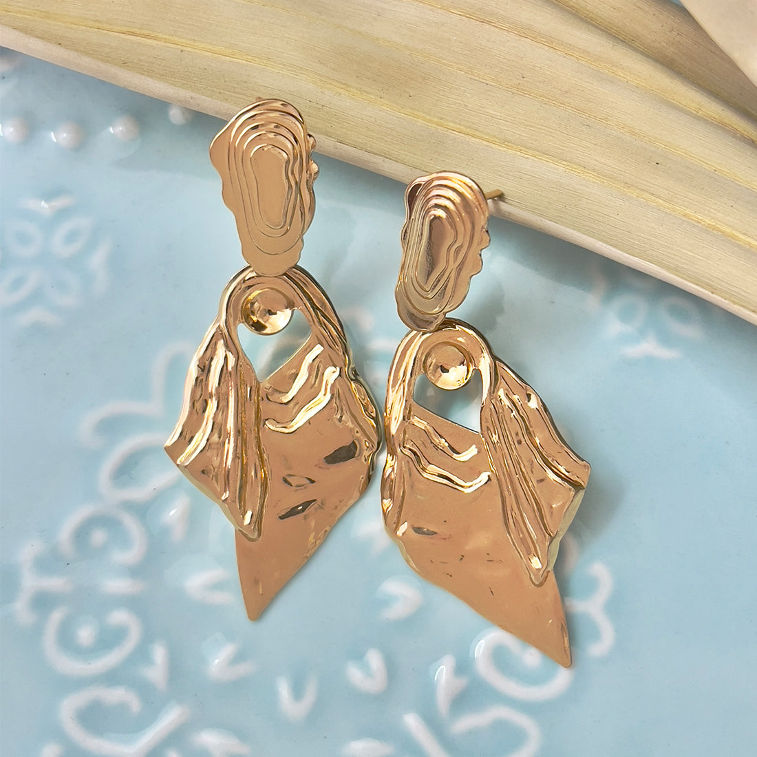 Oversized Hammered Gold-Toned Leaf Drop Earrings