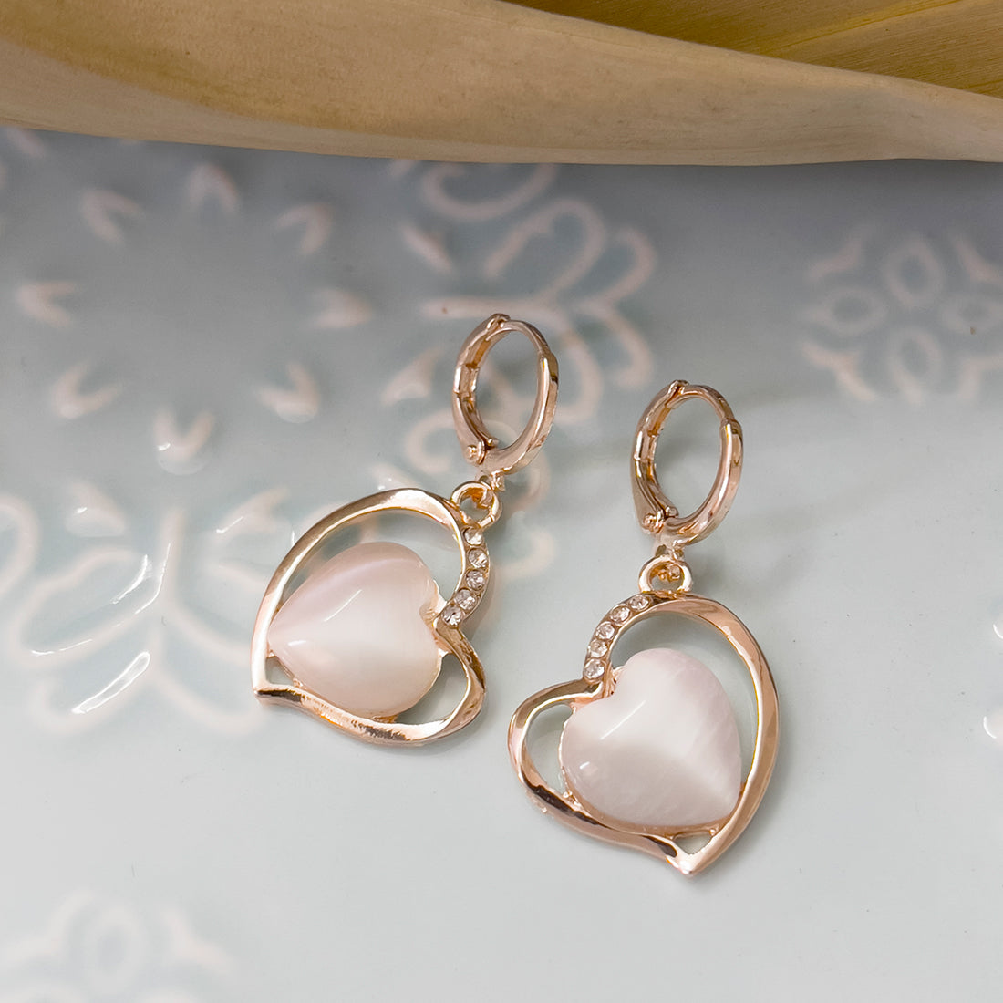 Heart White Moonstone With Diamante Studs Rose Gold-Toned Hoop Drop Earrings