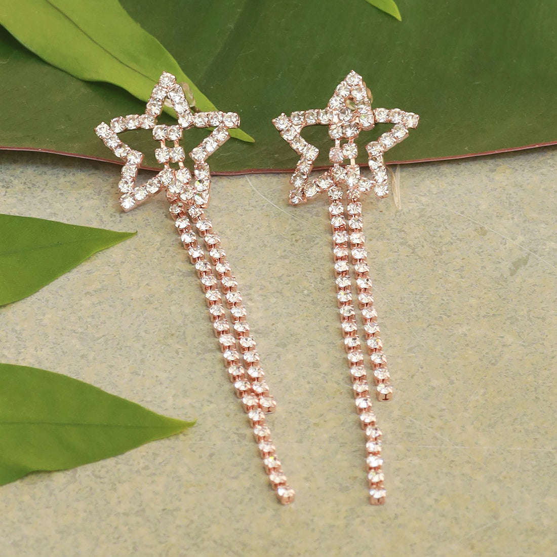Ayesha Star White Diamante Crystal Studded Rose Gold-Toned Long Tassel Drop Earrings