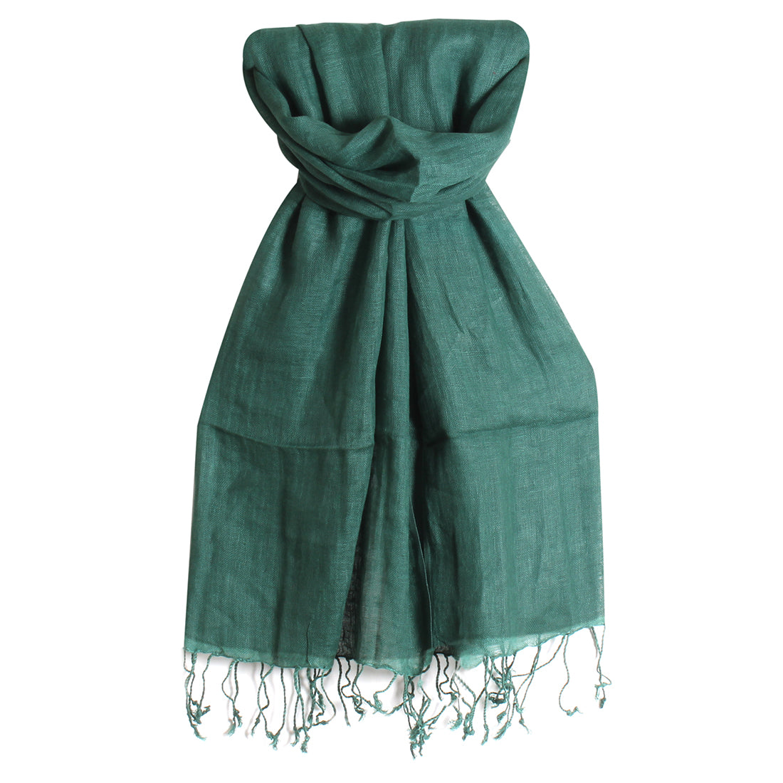 CONTEMPORARY SOLID GREEN LINEN FRINGE SCARF