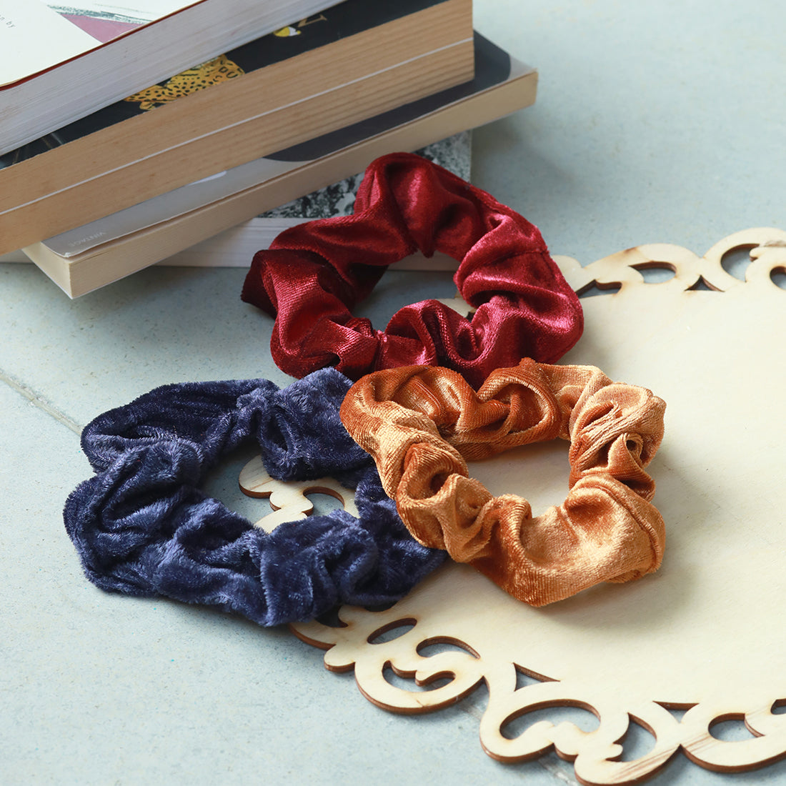 Set Of Three Colorful Velvet Scrunchie Hair Ties