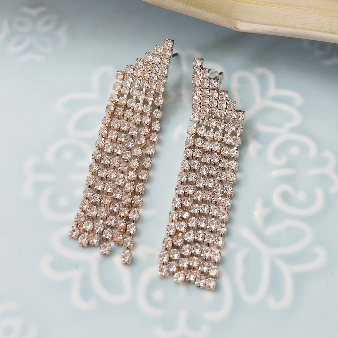 Contemporary White Diamante Crystal Studded Rose Gold-Toned Triangular Tassel Drop Earrings