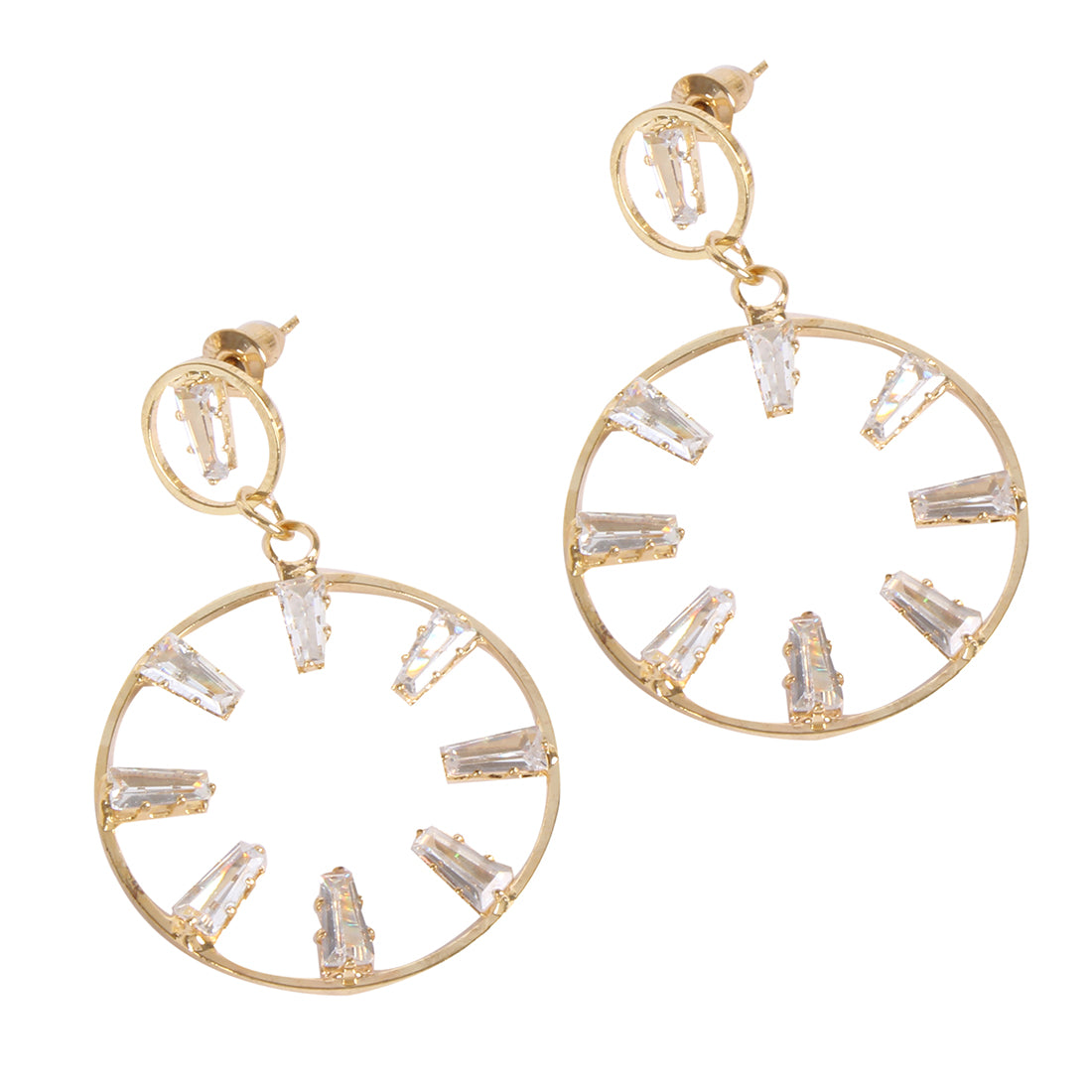 CONTEMPORARY RHINESTONE STUDDED METALLIC CIRCULAR DROP EARRINGS