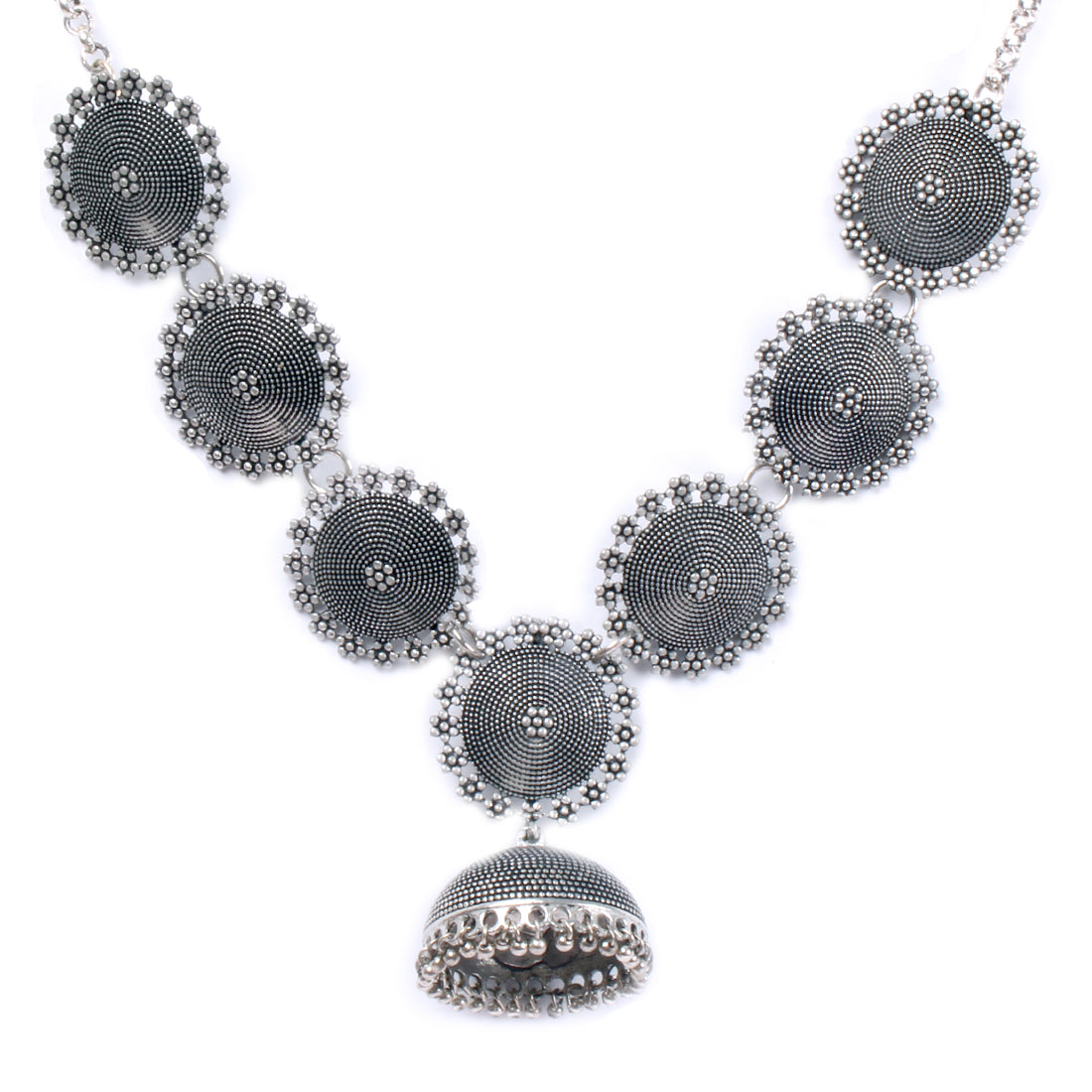 STATEMENT HANDCRAFTED ETHNIC SILVER-TONED CIRCULAR PENDANT ENGRAVED CHOKER NECKLACE
