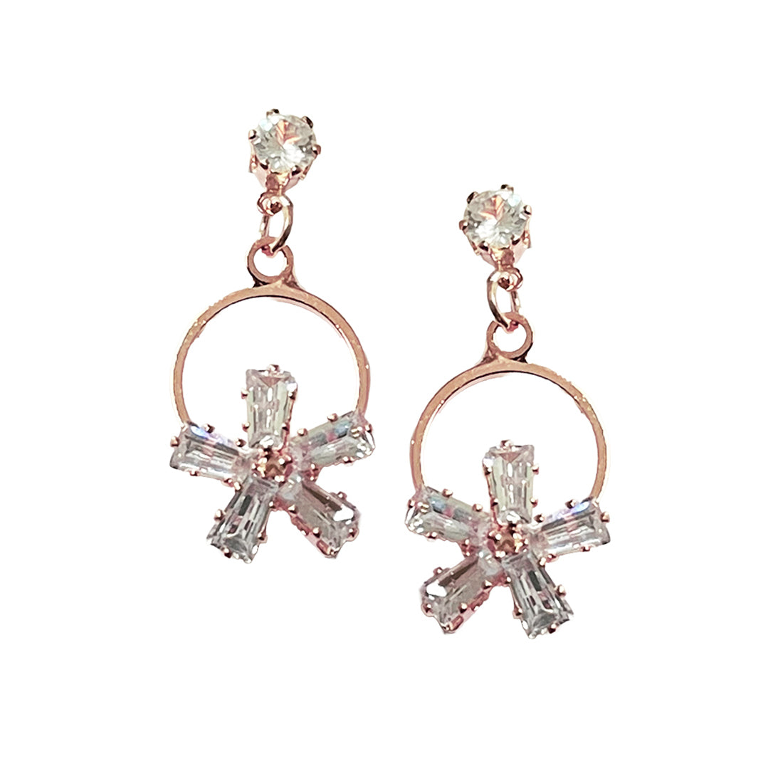 CONTEMPORARY RHINESTONE STUDDED ROSE-GOLD TONED FLOWER DROP EARRINGS