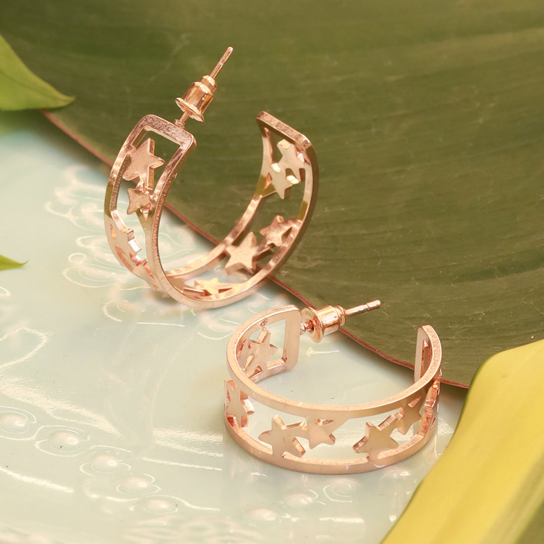 Contemporary Bold Rose Gold-Toned Star Studded Open-Hoop Earrings