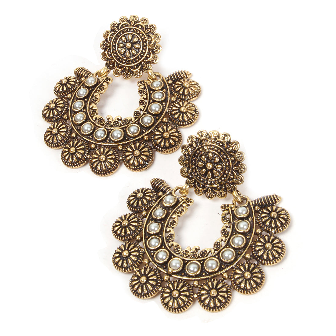 OVERSIZED HANDCRAFTED ETHNIC GOLD-TONED WHITE RHINESTONE STUDDED DROP EARRINGS