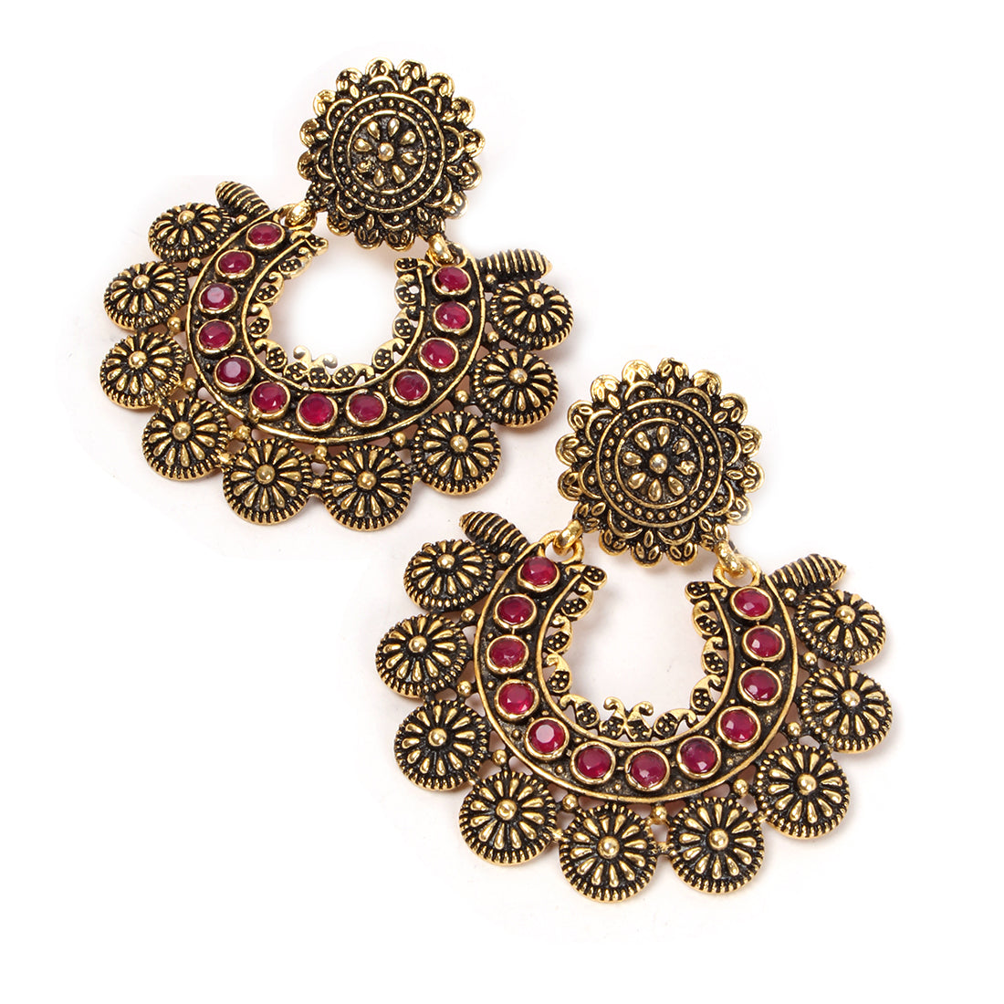 OVERSIZED HANDCRAFTED ETHNIC GOLD-TONED RED RHINESTONE STUDDED DROP EARRINGS