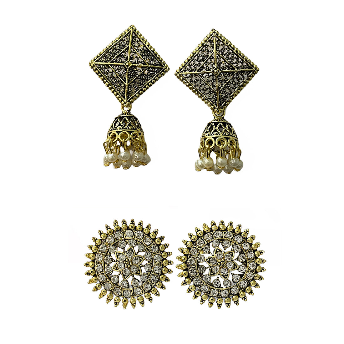 Set Of Two Oxidized Gold Toned Rhinestone Circular Stud & Triangular Pearl Jhumka Earrings