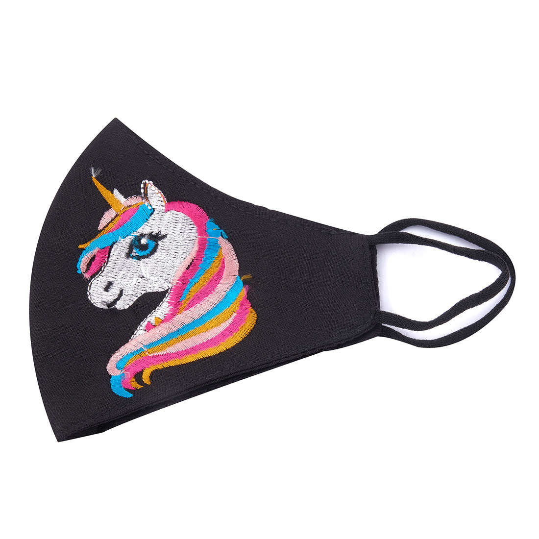 MULTICOLOR UNICORN & STARS EMBROIDERED BLACK CLOTH MASK