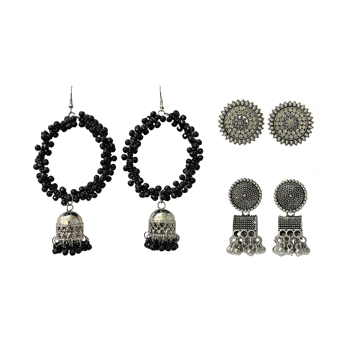 Set Of Three Oxidized Silver Toned Ghungroo & Rhinestone Studded Jhumka, Stud & Drop Earrings