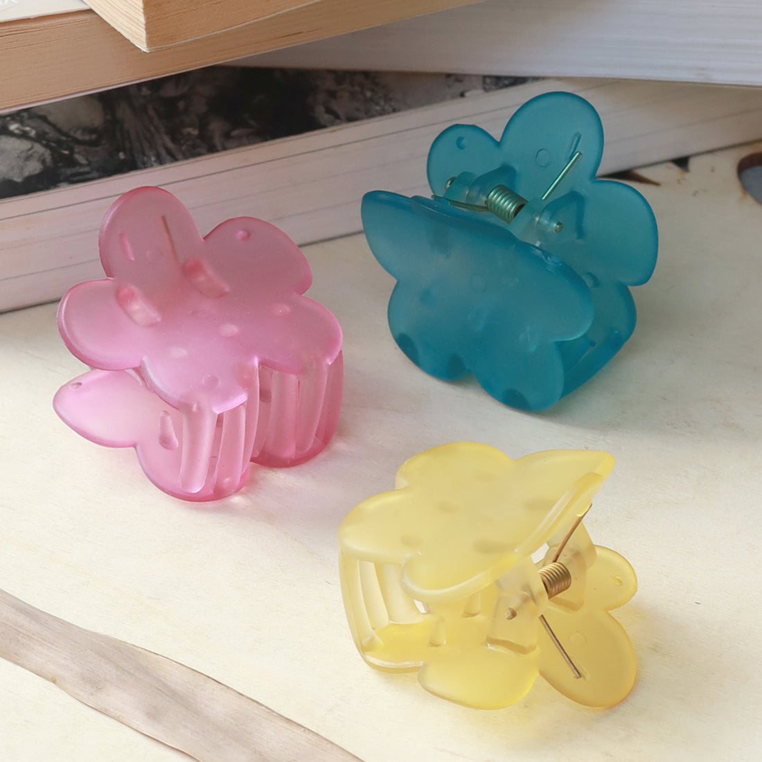 Set Of Three Pink, Yellow & Blue Flower Shaped Claw Clutch Clips