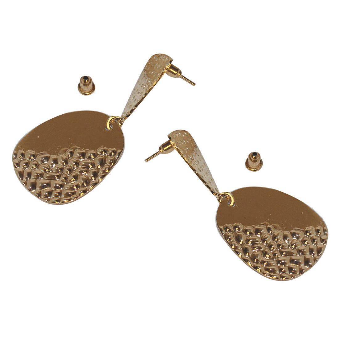 CONTEMPORARY OVERSIZED HALF TEXTURED GOLD-TONED OVAL DROP EARRINGS