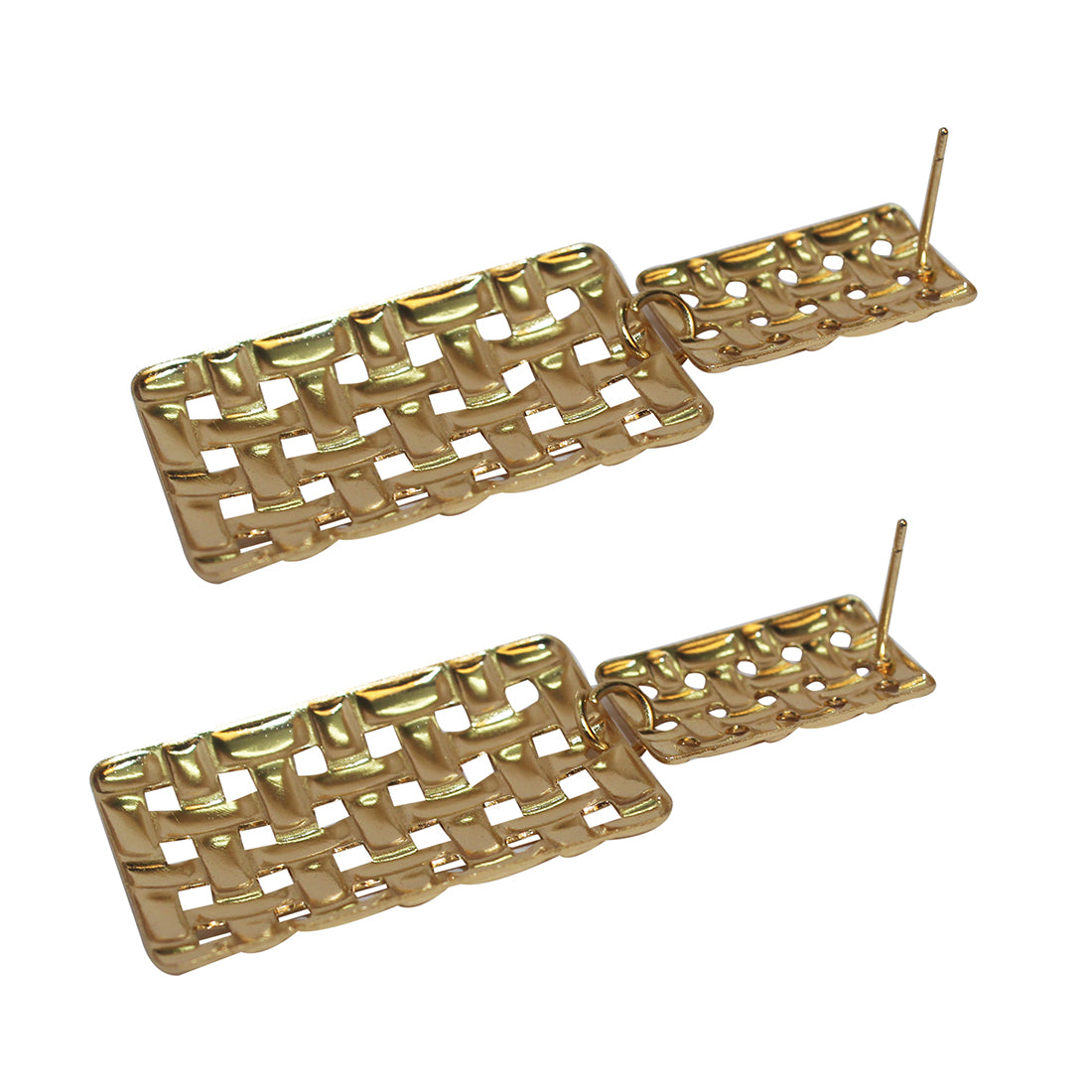 CONTEMPORARY OVERSIZED WEAVE TEXTURED GOLD-TONED RECTANGULAR DROP EARRINGS