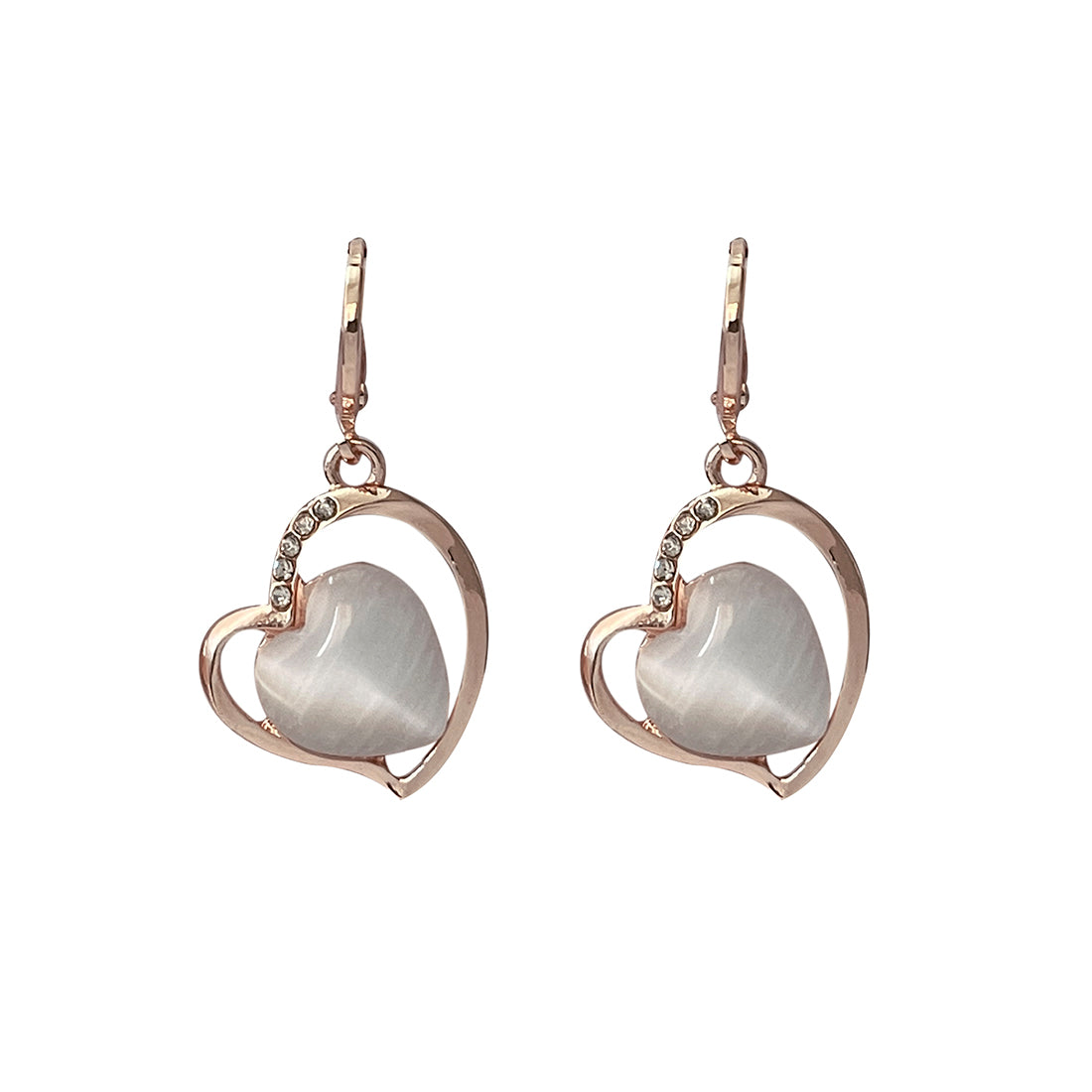 Heart White Moonstone With Diamante Studs Rose Gold-Toned Hoop Drop Earrings