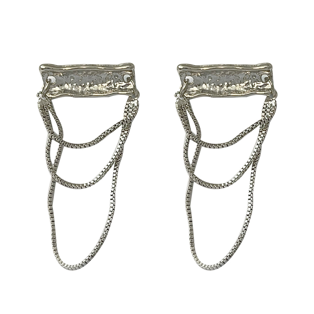 OVERSIZED TEXTURED SILVER-TONED BAR & TASSEL DROP EARRINGS