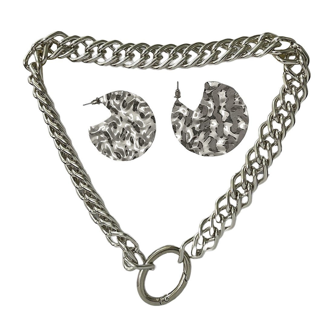 Set Of 2 Silver-Toned Circular Chunky Chain Link Necklace & Hammered Hoop Earrings