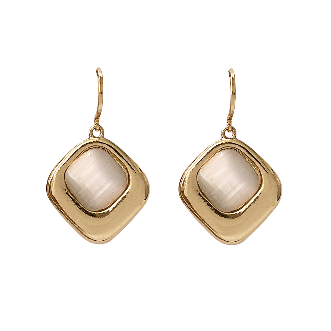 Square White Moonstone Rose Gold-Toned Hoop Drop Earrings