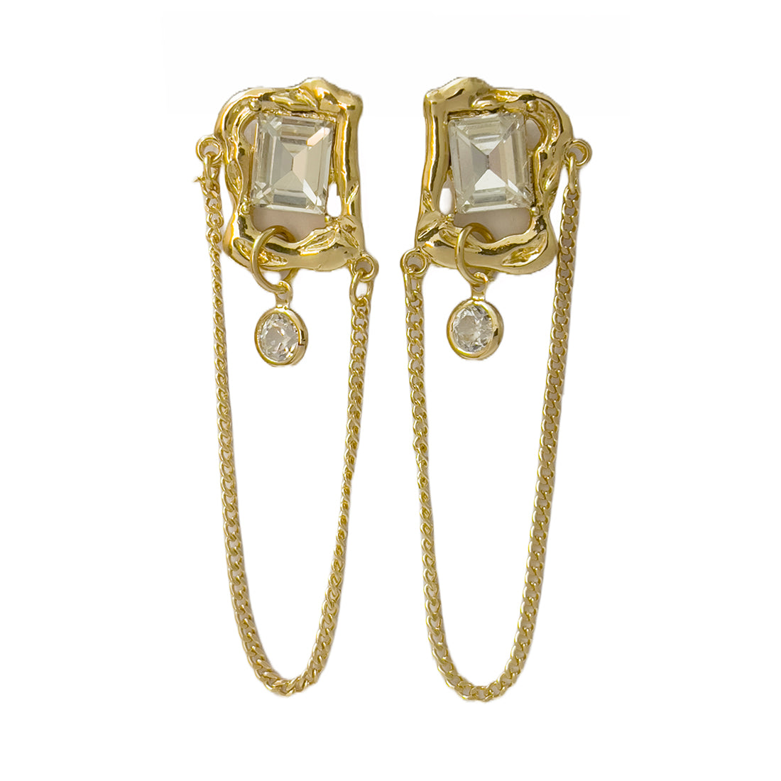 Oversized Hammered Square Gold-Toned Diamante Stud & Tassel Drop Earrings