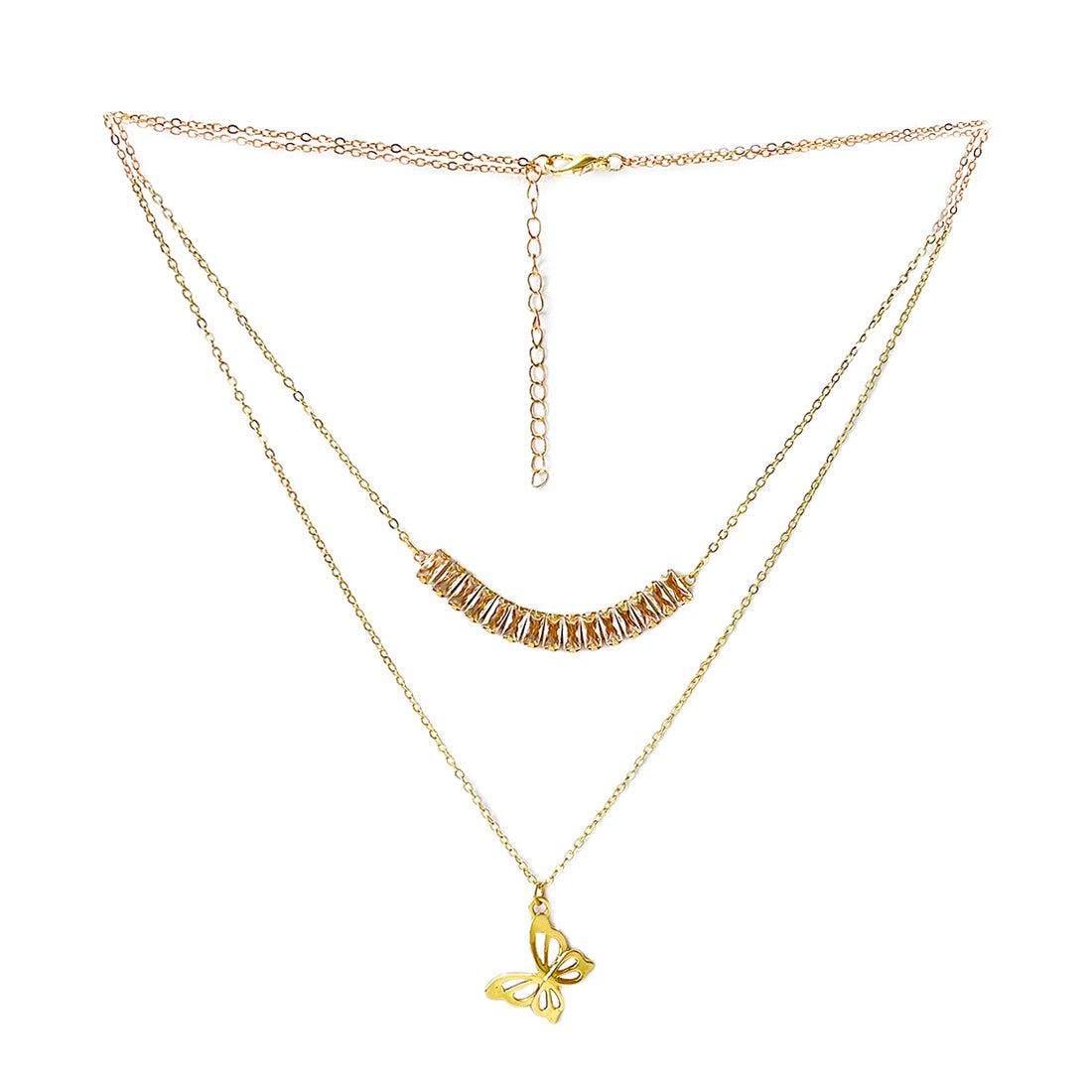 Rhinestone Studded Pendant & Metallic Butterfly Pendants Gold-Toned Layered Necklace
