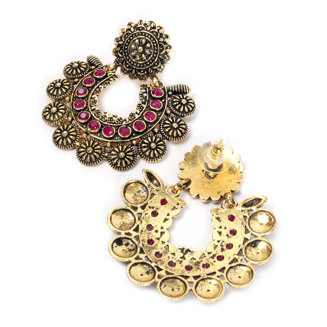 OVERSIZED HANDCRAFTED ETHNIC GOLD-TONED RED RHINESTONE STUDDED DROP EARRINGS