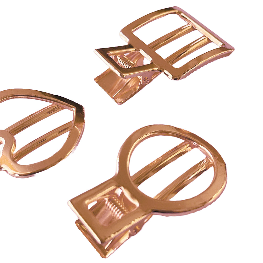 Set Of Three Metallic Rose Gold-Toned Heart, Circular & Sqare Slide Clips