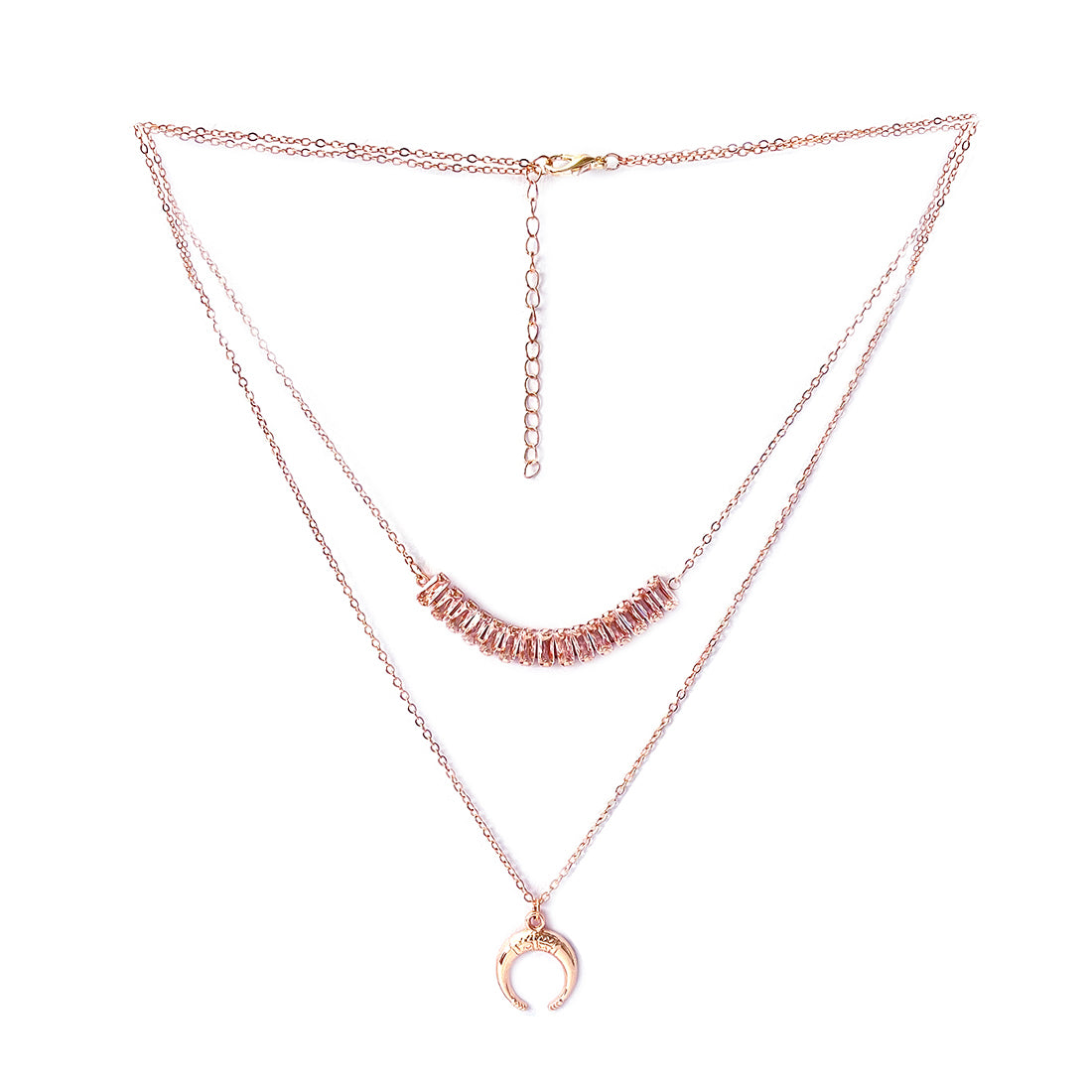 Rhinestone Studded Pendant & Metallic Moon Pendants Rose Gold-Toned Layered Necklace