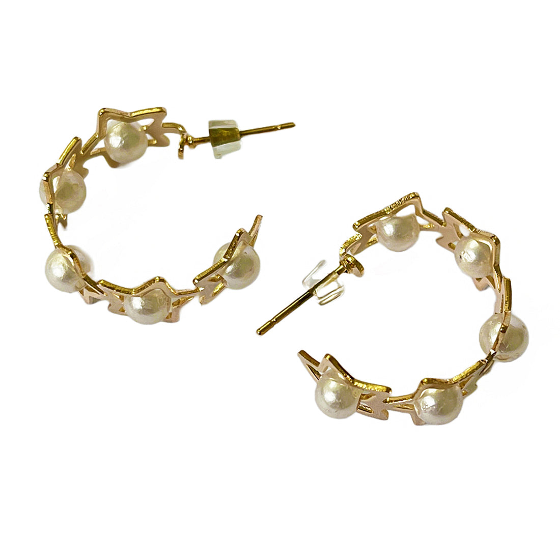 Contemporary Bold Gold-Toned Star Pearl Studded Open-Hoop Earrings