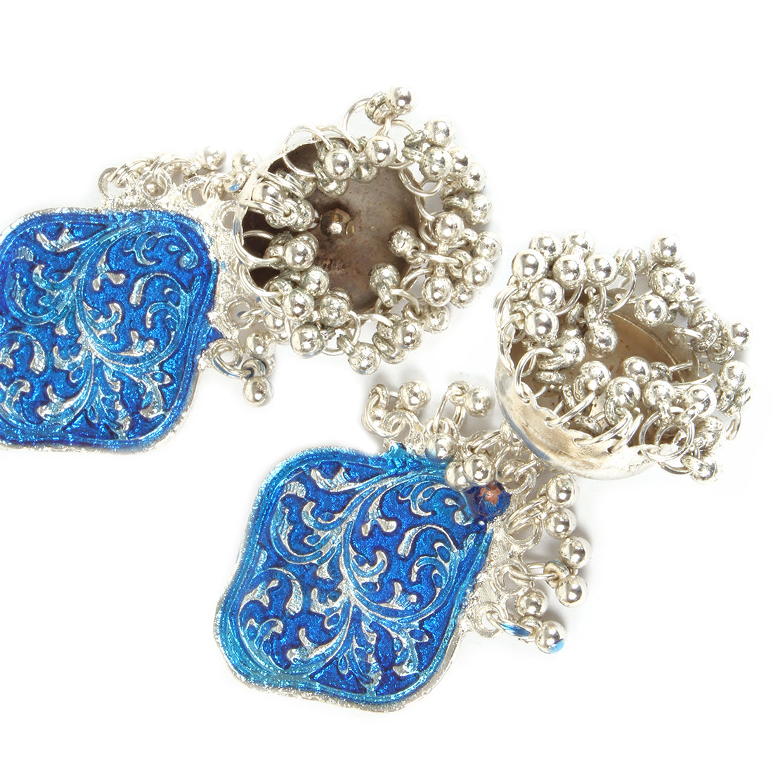 OVERSIZED HANDCRAFTED ETHNIC SILVER-TONED BLUE ACRYLIC GHUNGROO JHUMKI DROP EARRINGS