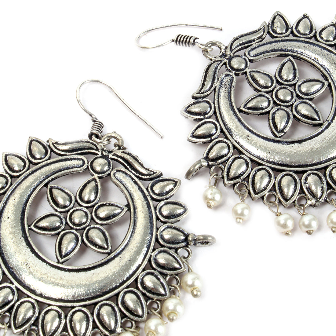 OVERSIZED HANDCRAFTED ETHNIC SILVER-TONED PEARL HOOK DROP EARRINGS