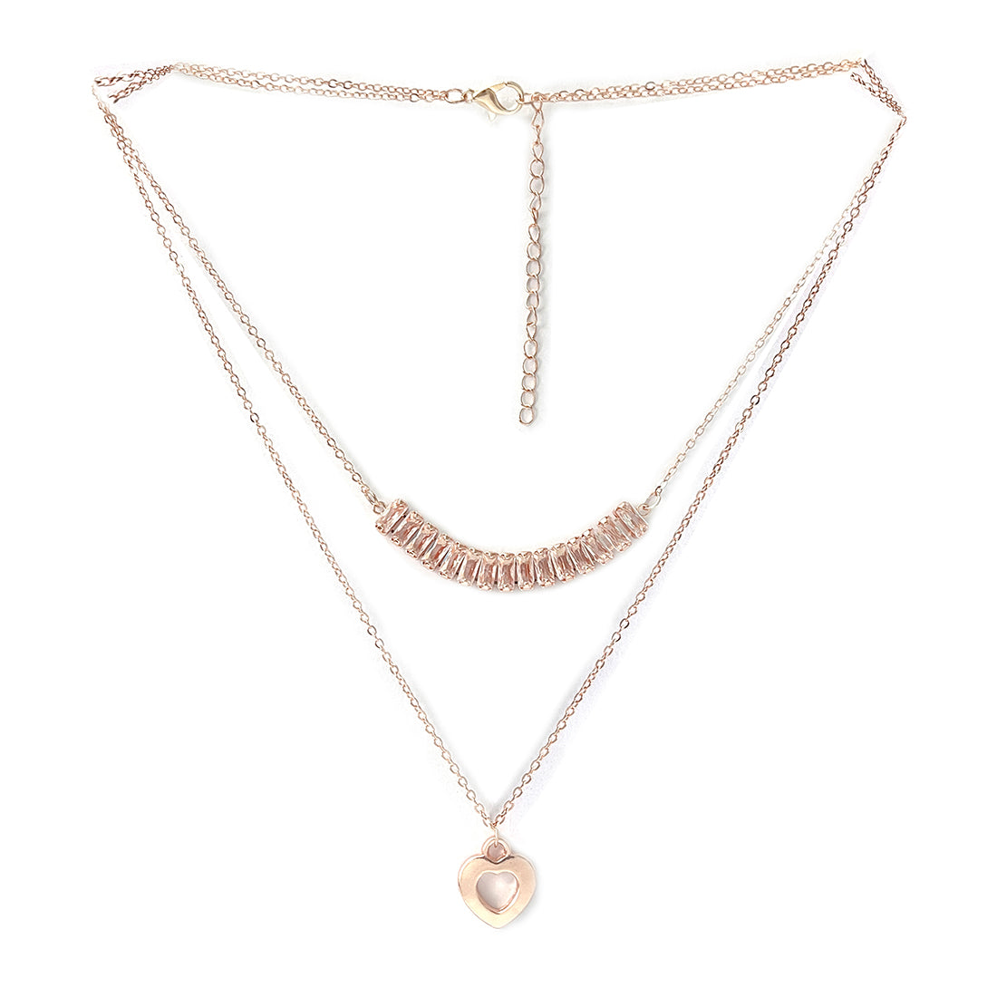 Rhinestone Studded Pendant & Metallic Heart Pendants Rose Gold-Toned Layered Necklace