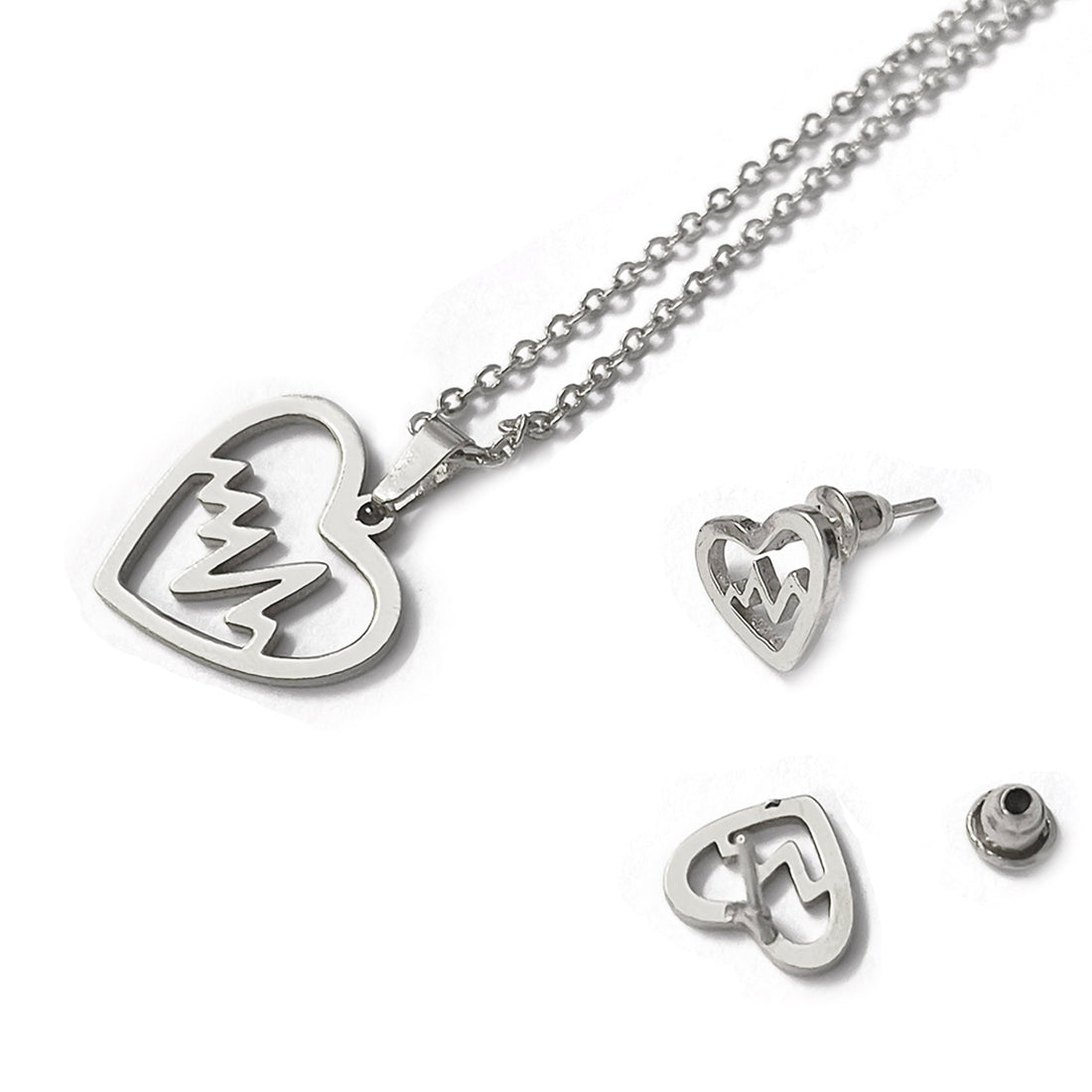 Set Of Two Heartbeat Silver-Toned Pendant Necklace & Earrings Set