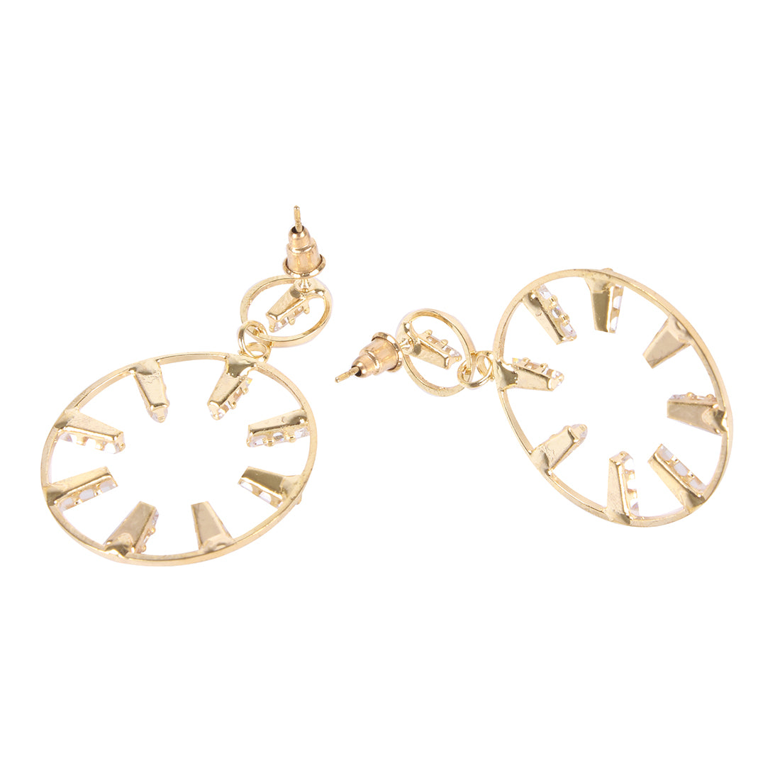 CONTEMPORARY RHINESTONE STUDDED METALLIC CIRCULAR DROP EARRINGS