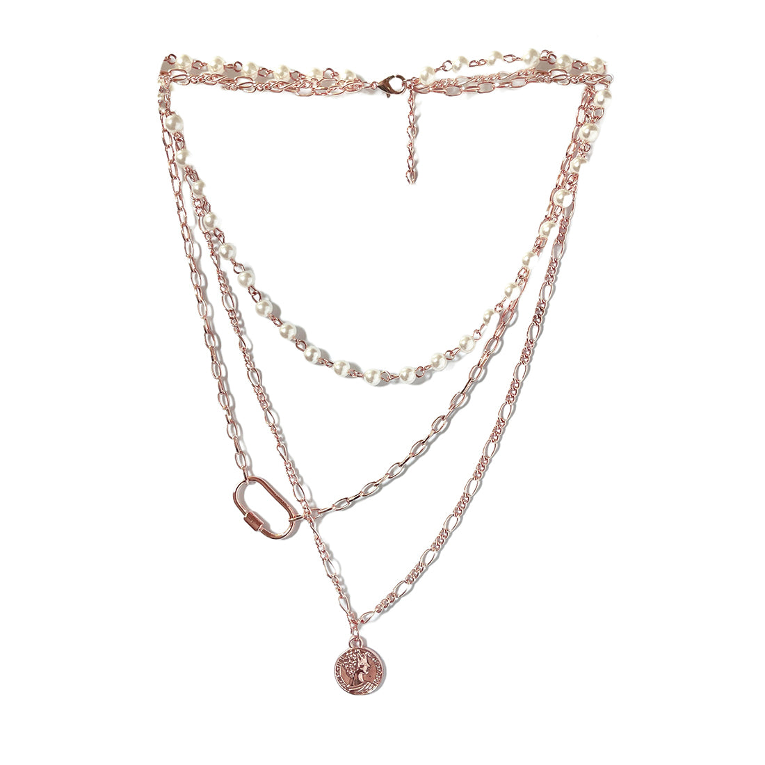 CHUNKY COIN PENDANT PEARL STUDDED CHAIN LINK ROSE GOLD-TONED LAYERED NECKLACE