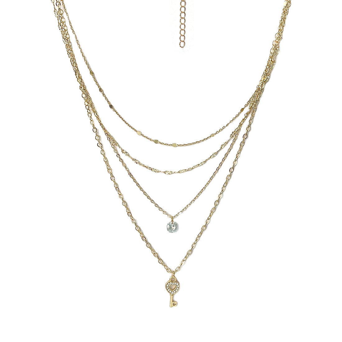 Key & Diamante Stud Pendant Gold-Toned Four Layered Necklace