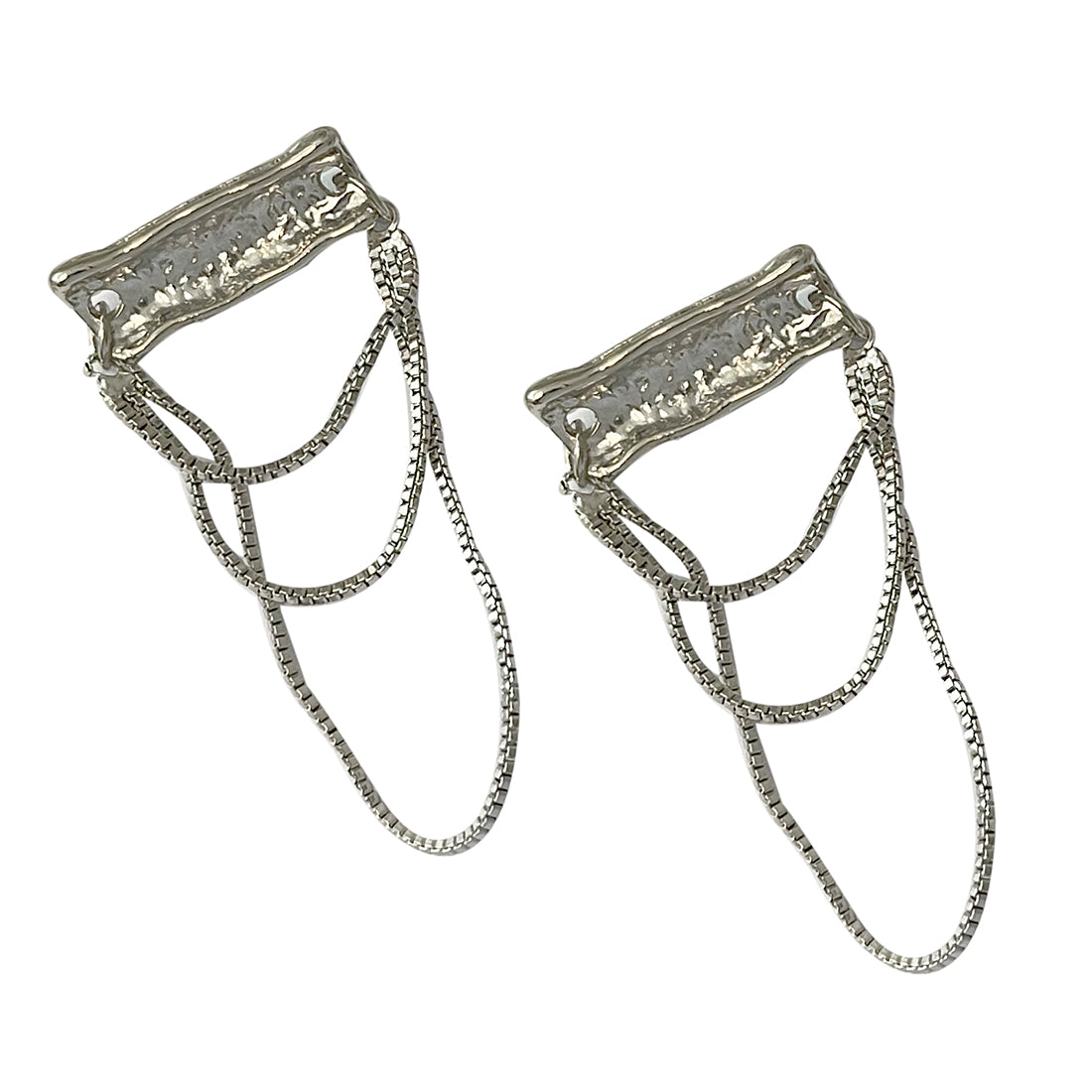 OVERSIZED TEXTURED SILVER-TONED BAR & TASSEL DROP EARRINGS