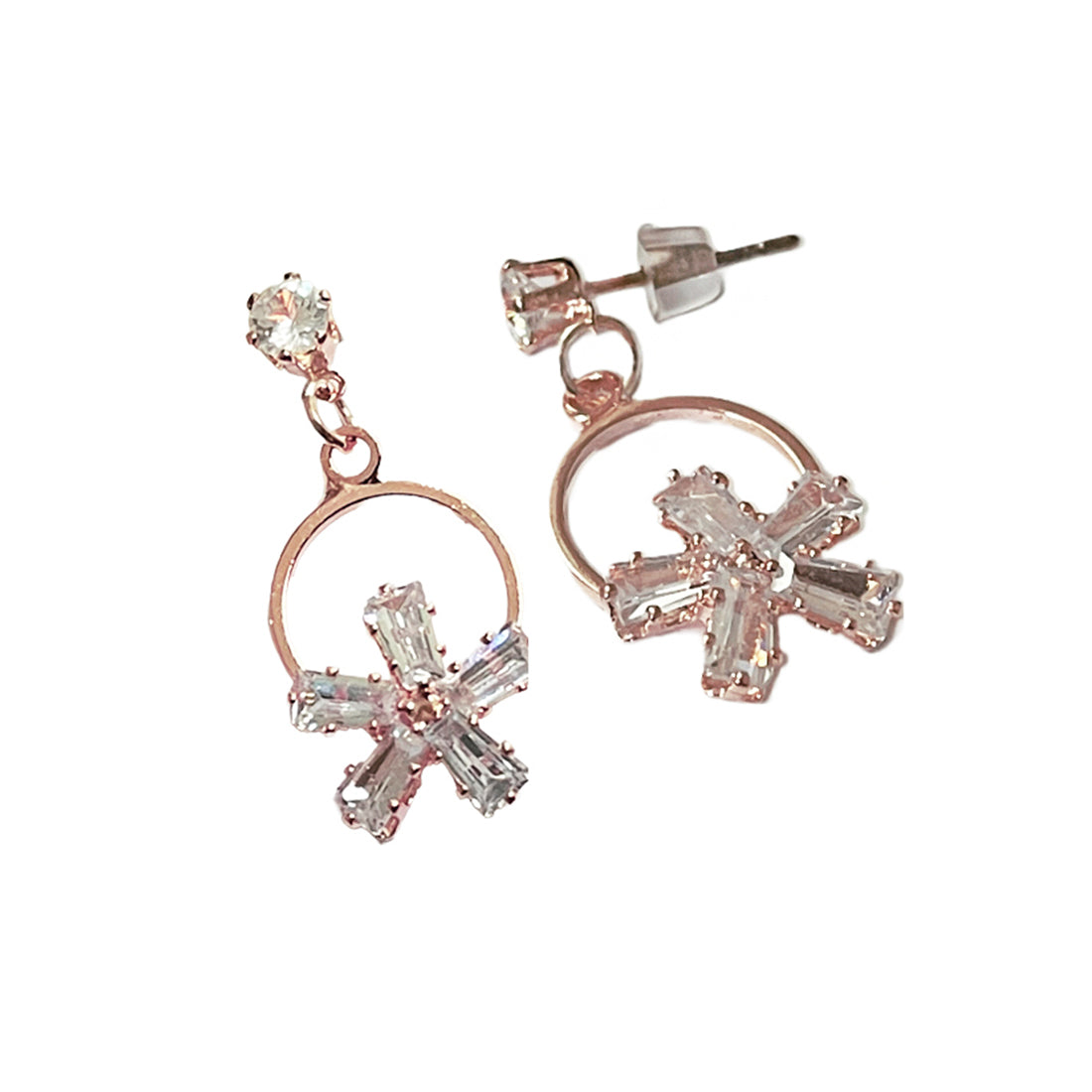 CONTEMPORARY RHINESTONE STUDDED ROSE-GOLD TONED FLOWER DROP EARRINGS