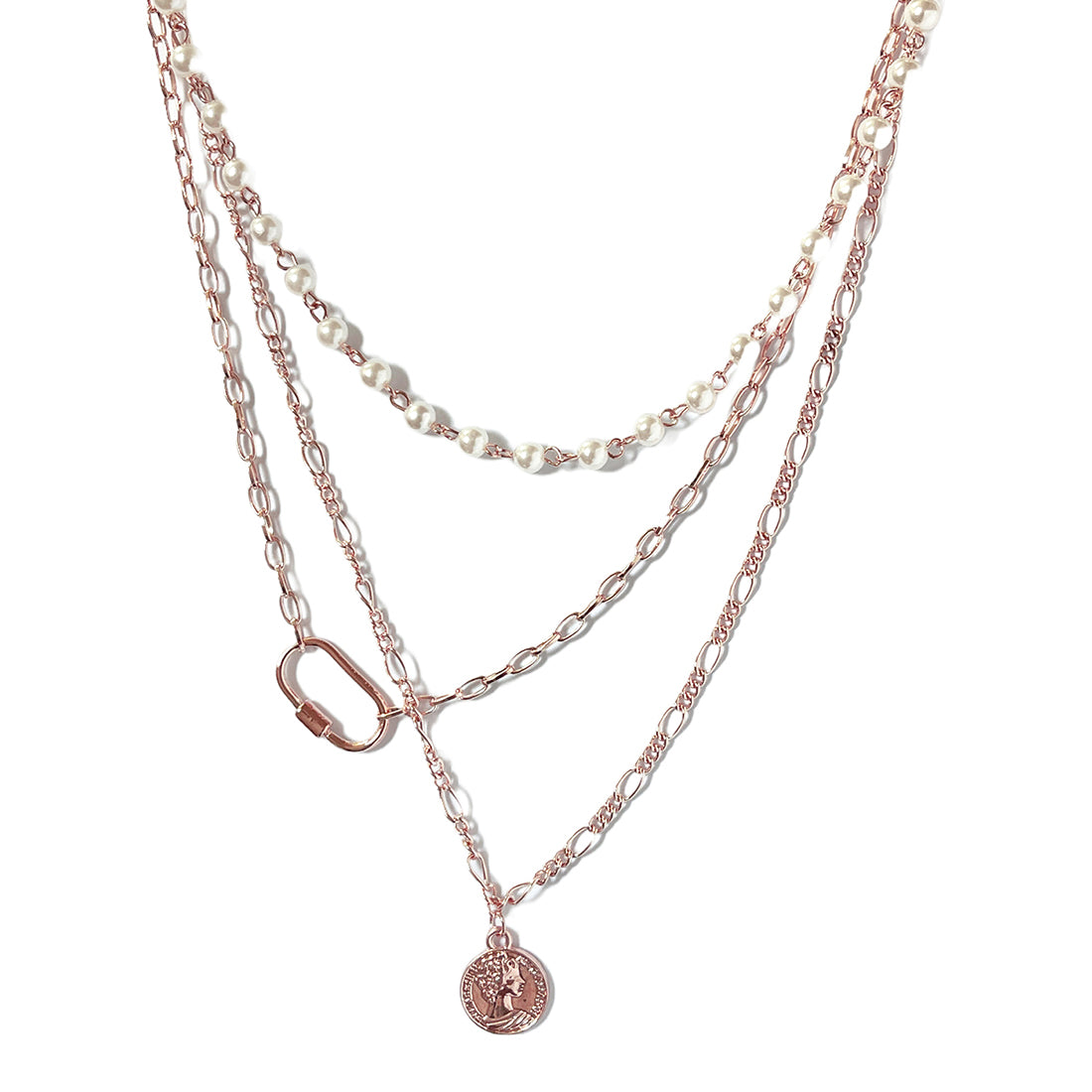 CHUNKY COIN PENDANT PEARL STUDDED CHAIN LINK ROSE GOLD-TONED LAYERED NECKLACE