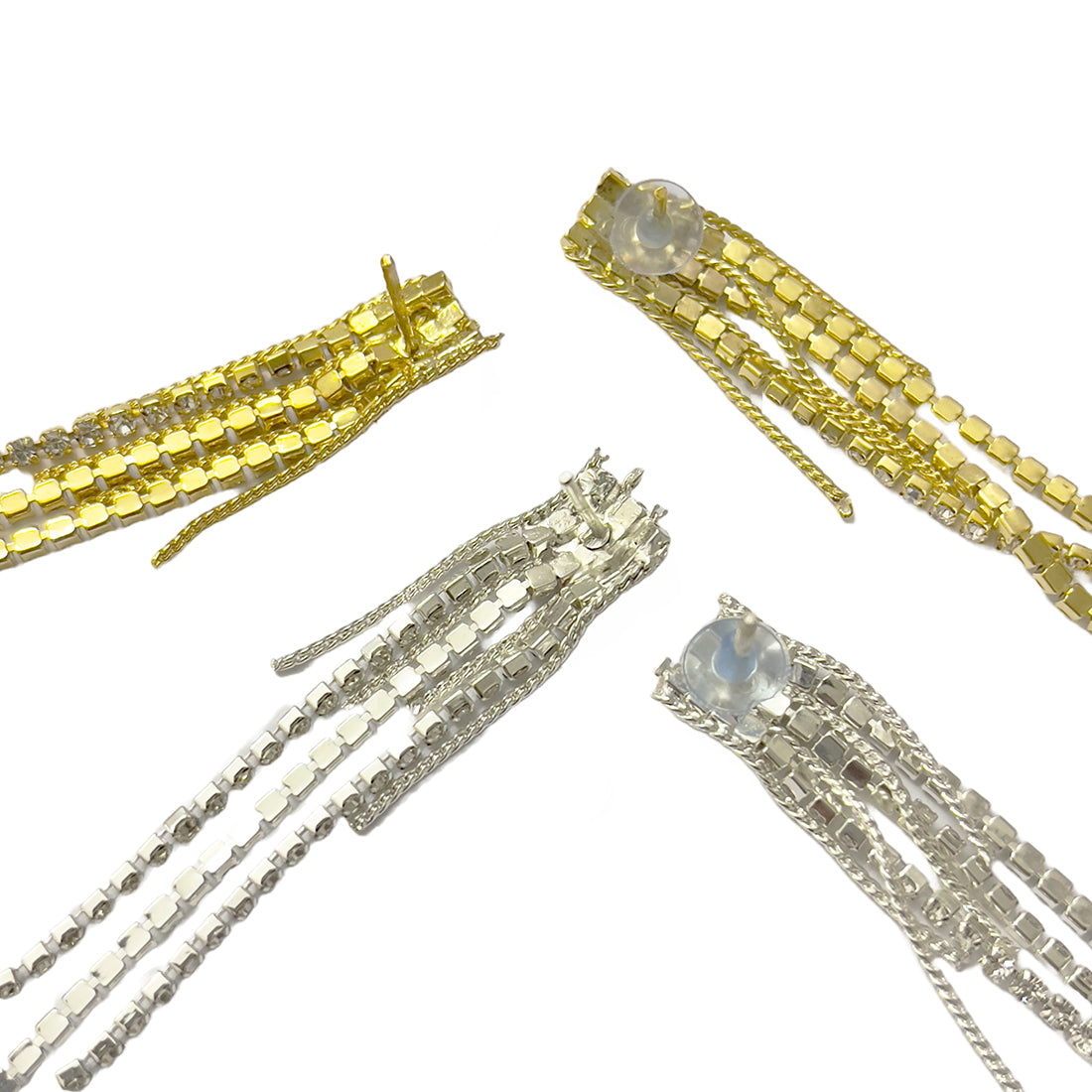 Set Of Two Contemporary White Diamante Crystal Studded Gold & Silver-Toned Tassel Drop Earrings