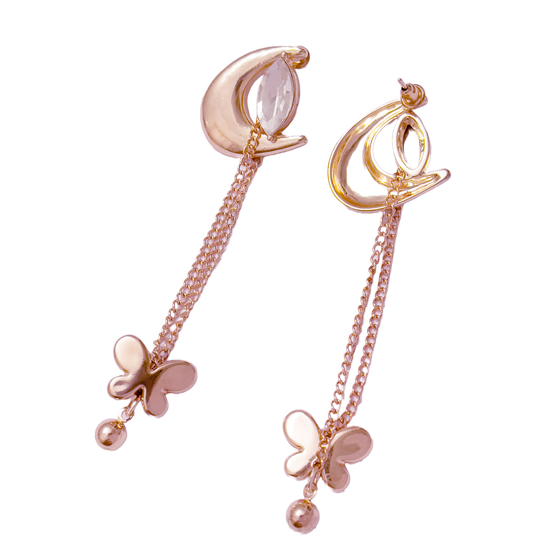 Trendy Rose Gold-Toned Crystal Diamante Moon & Butterfly Drop Earrings