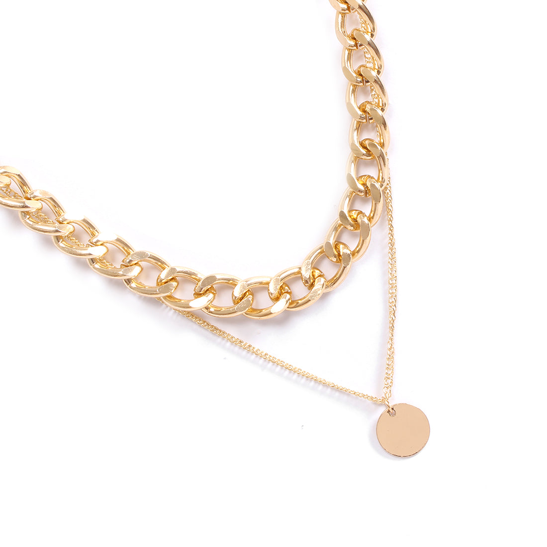 Chunky Chain-Link Gold-Toned Circular Pendant Layered Necklace