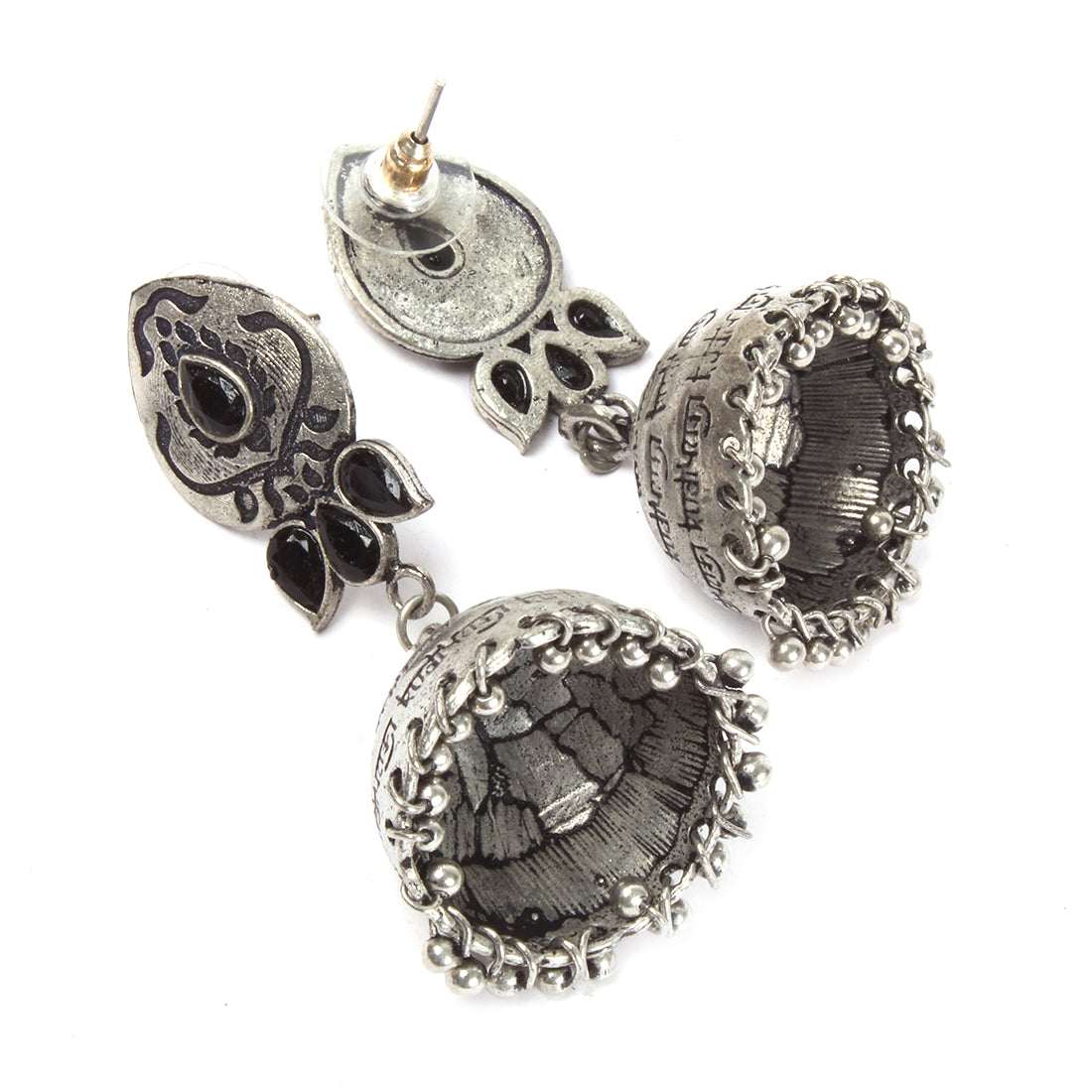OVERSIZED HANDCRAFTED ETHNIC SILVER-TONED WITH BLACK RHINESTONES GHUNGROO JHUMKA EARRINGS