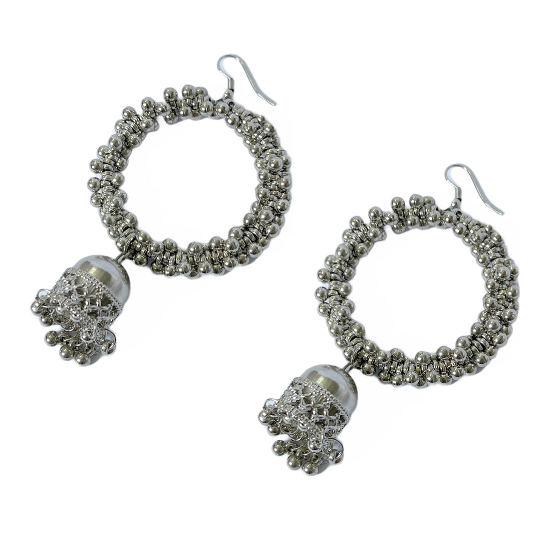 Oversized Handcrafted Ethnic Silver-Toned Ghungroo Circular Jhumki Drop Earrings