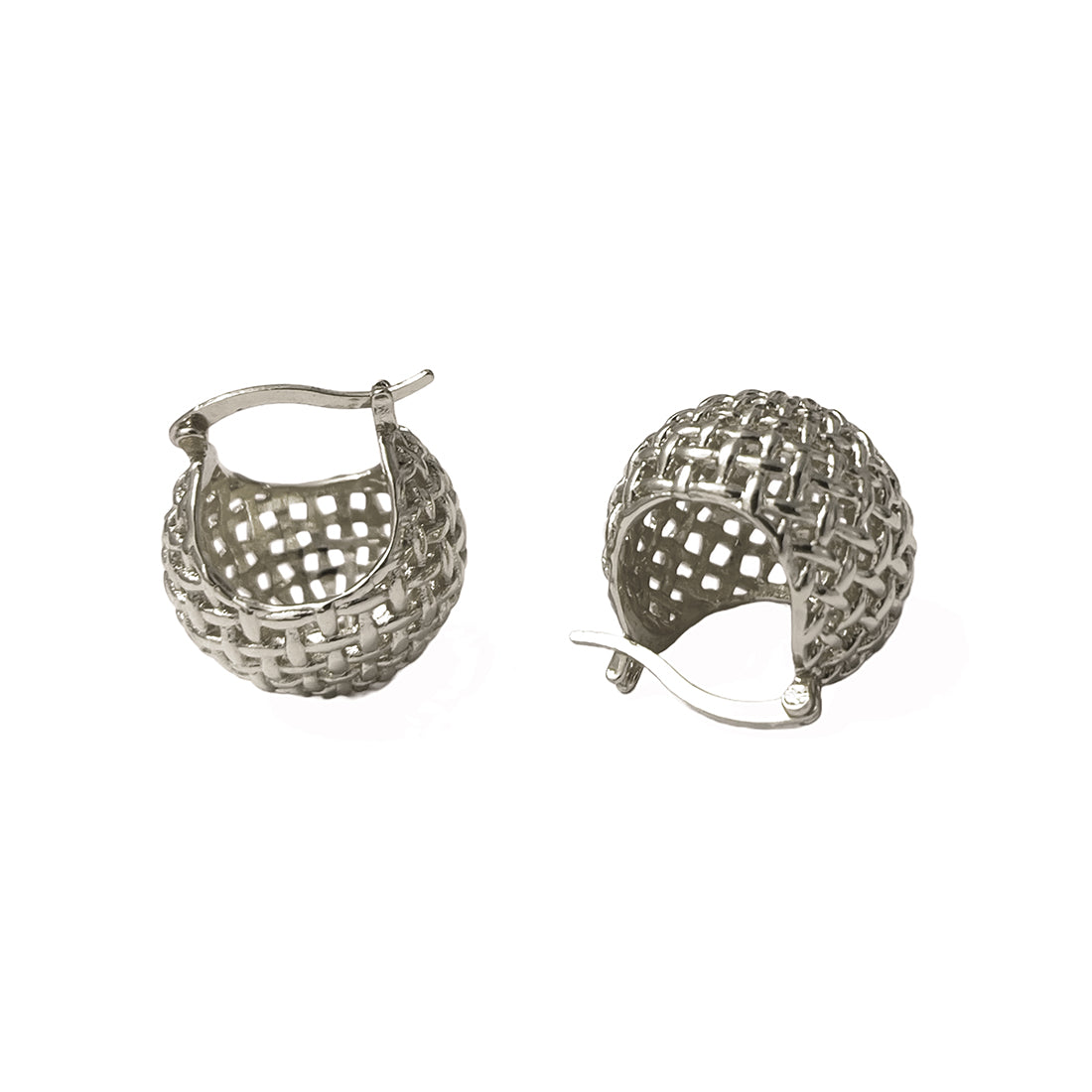 Contemporary Bold Silver-Toned Metallic Mini Disco Ball Basket Hoop Earrings