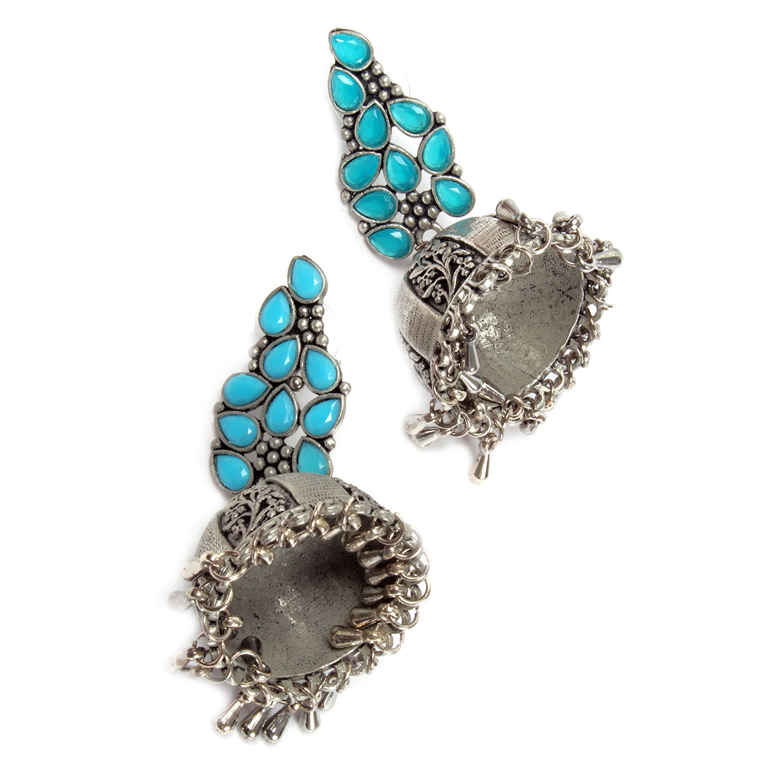 OVERSIZED HANDCRAFTED ETHNIC SILVER-TONED WITH BLUE RHINESTONES GHUNGROO JHUMKA EARRINGS